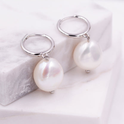 Sterling Silver Baroque Pearl Huggie Hoop Earrings, Drop Earrings with 18ct Gold Plate, Genuine Freshwater Pearls, Irregular Pearls J32