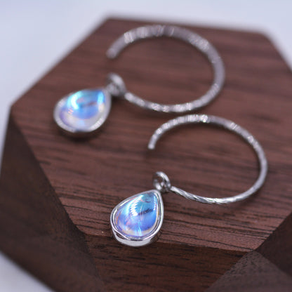 Mermaid Crystal Drop Hook Earrings in Sterling Silver, Droplet Pear Cut Aurora Glass Crystal, Simulated Moonstone Dangle Earrings