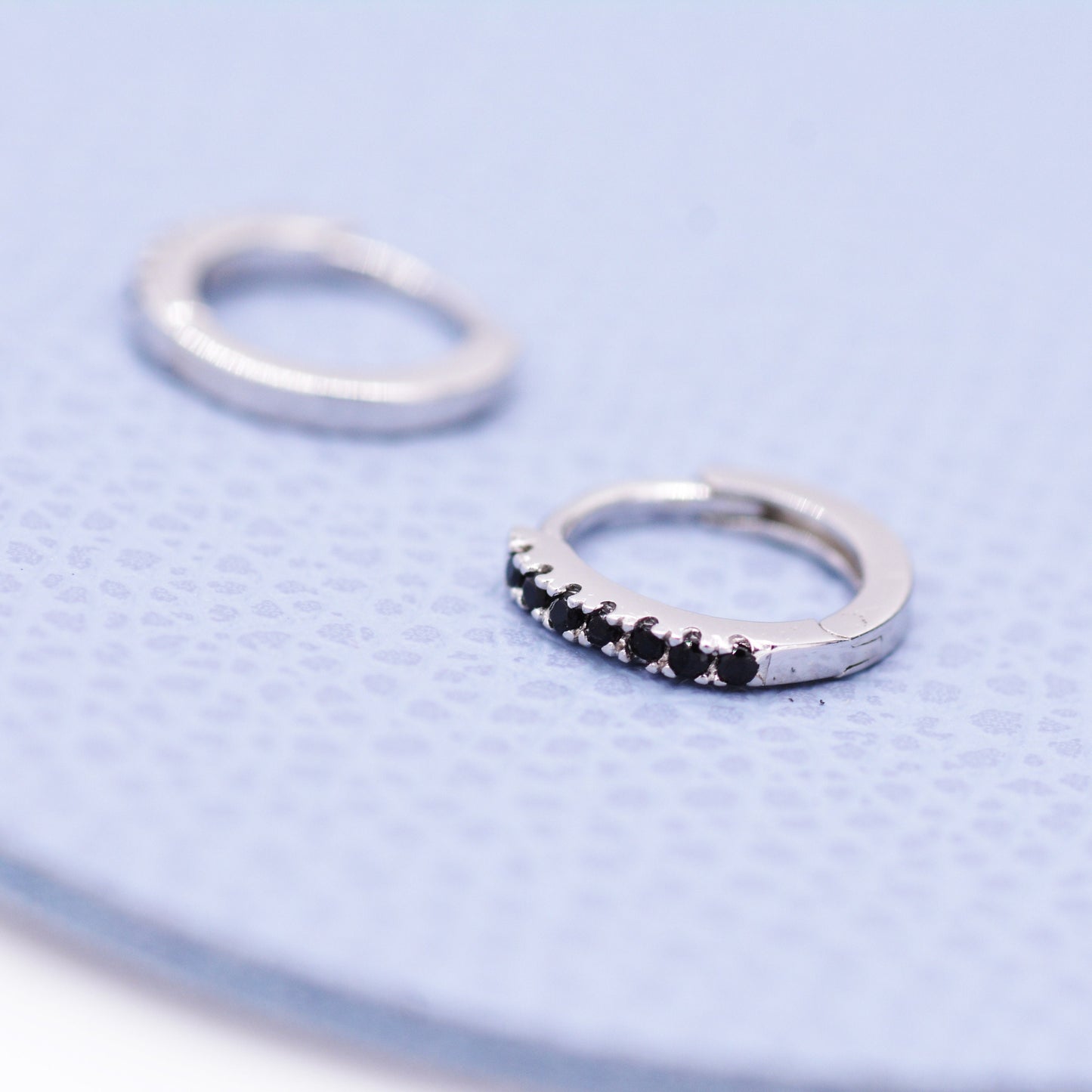 Skinny Huggie Hoop Earrings in Sterling Silver with Black CZ Crystals, Tiny Snug Hoop Earrings, Black Diamond, Simple Hoop Earrings
