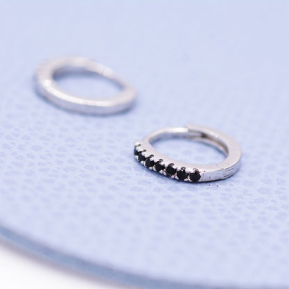 Skinny Huggie Hoop Earrings in Sterling Silver with Black CZ Crystals, Tiny Snug Hoop Earrings, Black Diamond, Simple Hoop Earrings
