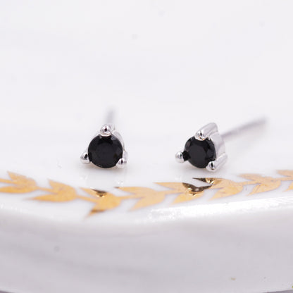 Extra Tiny Lab Diamond CZ Stud Earrings in Sterling Silver, Three Prong 3mm Teeny Tiny Black Crystal Stud