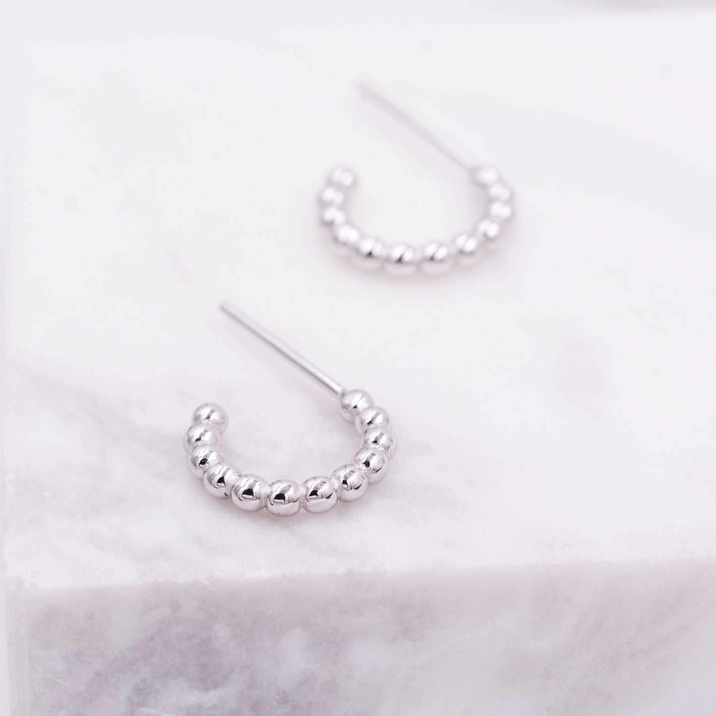 Dotted Open Hoop Stud Earrings in Sterling Silver, Beaded Hoop Earrings, Pebble Hoops