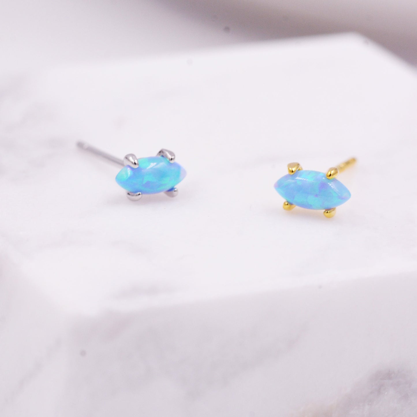 Sterling Silver Tiny Opal Marquise Stud Earrings,Gold or Silver, Minimalist Geometric Design