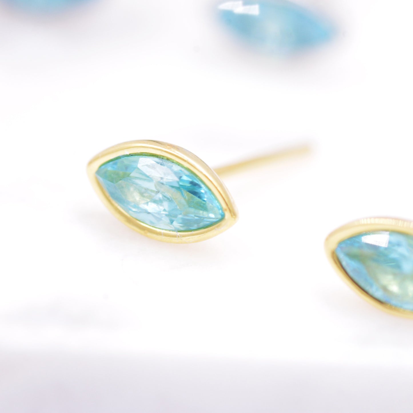 Blue Topaz Marquise Stud Earrings in Sterling Silver, Gold or Silver, Minimalist Geometric Design
