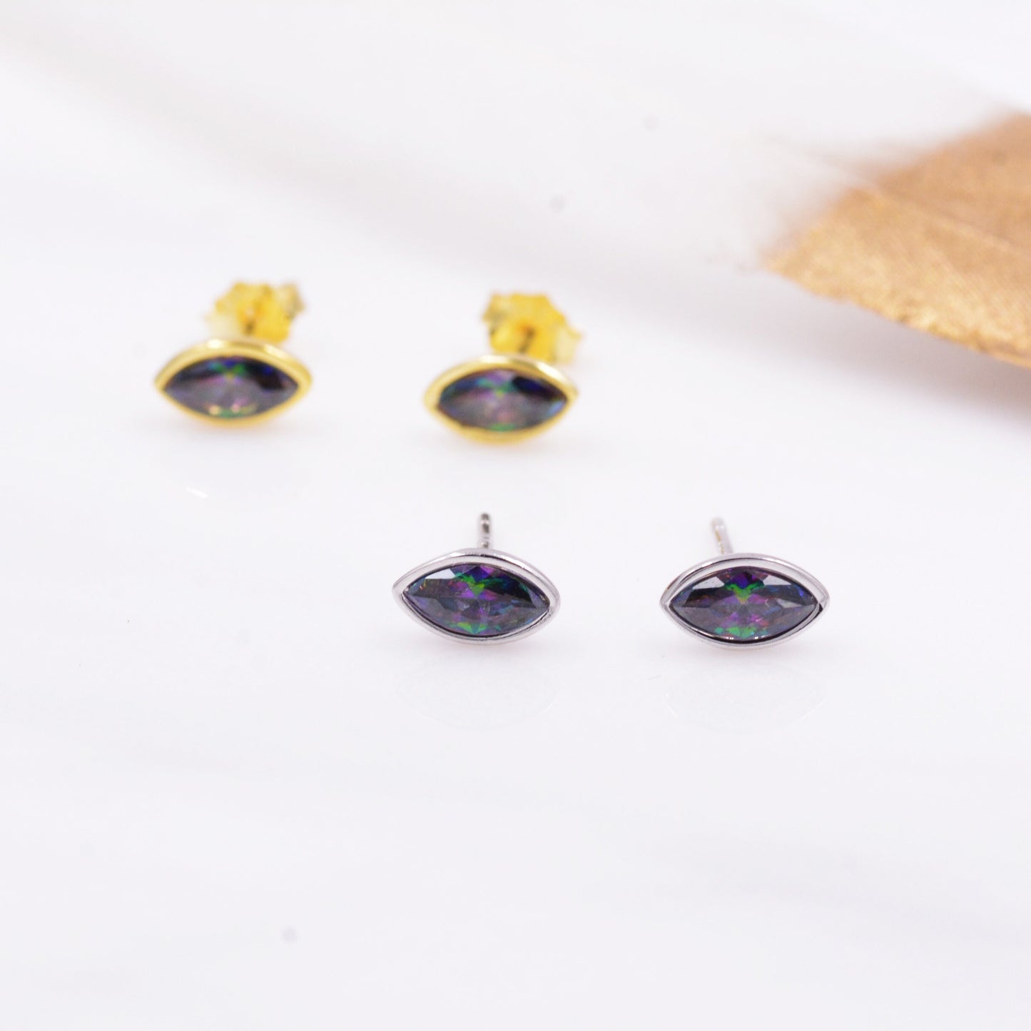 Mystic Topaz Marquise Stud Earrings in Sterling Silver, Gold or Silver, Minimalist Geometric Design