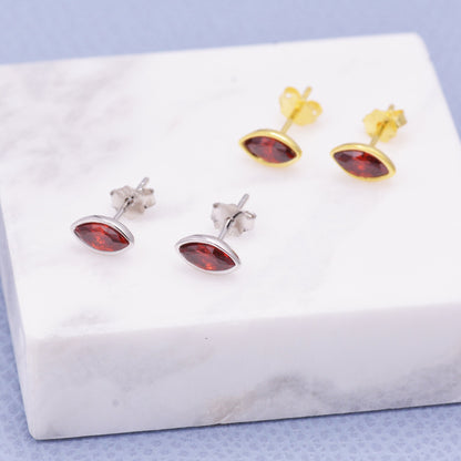 Ruby Red Marquise Stud Earrings in Sterling Silver, Gold or Silver, Minimalist Geometric Design