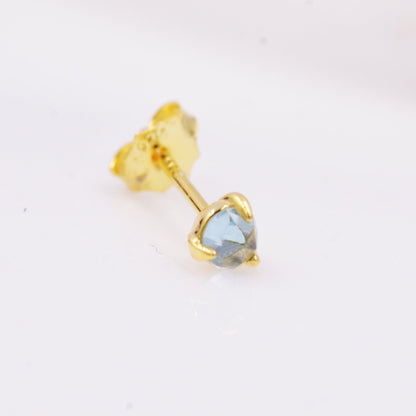 Genuine Blue Topaz 3mm Tiny Stud Earrings in Sterling Silver, Rose Cut Gemstone, Minimalist, Discreet