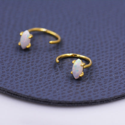 Minimalist Opal Marquise Huggie Hoop Threader Earrings in Sterling Silver, Gold or Silver, Pull Through Open Hoop Earrings,
