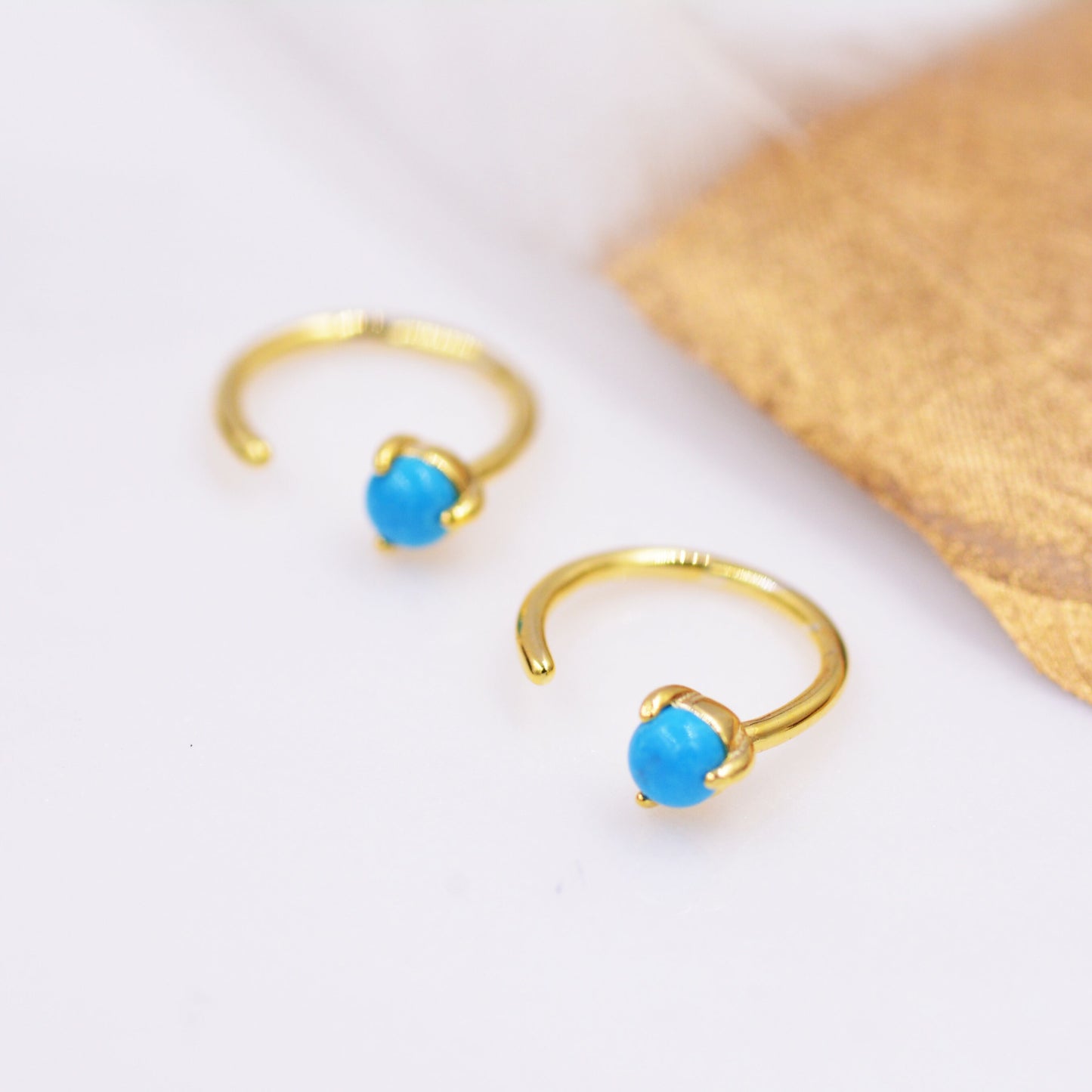 Natural Turquoise Huggie Hoop Threader Earrings in Sterling Silver, 3mm Three Prong Set, Gold or Silver, Pull Through Open Hoops