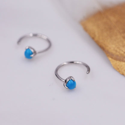 Natural Turquoise Huggie Hoop Threader Earrings in Sterling Silver, 3mm Three Prong Set, Gold or Silver, Pull Through Open Hoops
