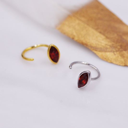 Ruby Red Crystal Marquise Huggie Hoop Threader Earrings in Sterling Silver, Gold or Silver, Pull Through Open Hoop Earrings