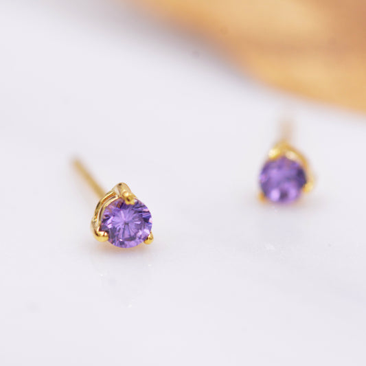 Amethyst Purple Crystal Stud Earrings in Sterling Silver, 3mm Three Prong, Gold or Silver, Tiny Stud