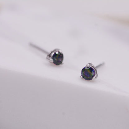 Mystic Topaz Crystal Stud Earrings in Sterling Silver, 3mm Three Prong, Gold or Silver, Tiny Stud