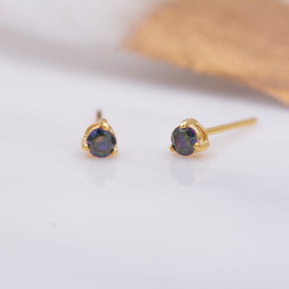 Mystic Topaz Crystal Stud Earrings in Sterling Silver, 3mm Three Prong, Gold or Silver, Tiny Stud