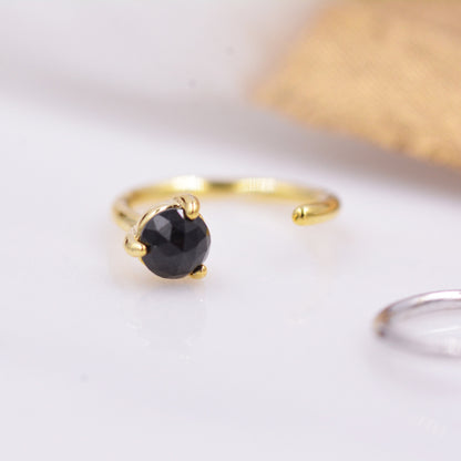 Minimalist Black Spinel Crystal Huggie Hoop Threader Earrings in Sterling Silver, 3mm Three Prong, Gold or Silver, Pull Through Open Hoops