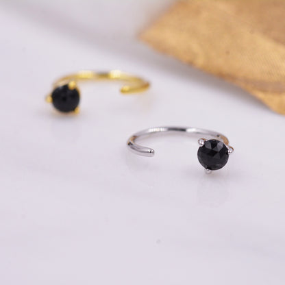 Minimalist Black Spinel Crystal Huggie Hoop Threader Earrings in Sterling Silver, 3mm Three Prong, Gold or Silver, Pull Through Open Hoops