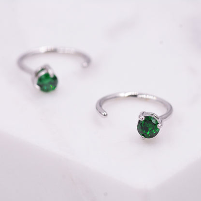 Emerald Green Crystal Huggie Hoop Threader Earrings in Sterling Silver, 3mm Three Prong, Gold or Silver, Pull Through Open Hoops