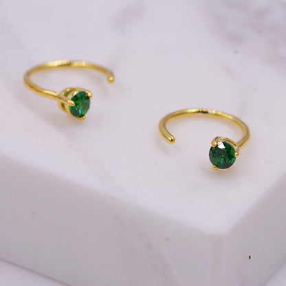 Emerald Green Crystal Huggie Hoop Threader Earrings in Sterling Silver, 3mm Three Prong, Gold or Silver, Pull Through Open Hoops