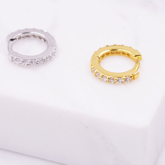 Minimalist 8mm Huggie Hoop Earrings in Sterling Silver with Sparkling CZ Crystals, Gold or Silver, Tiny and Dainty, Simple Hoop