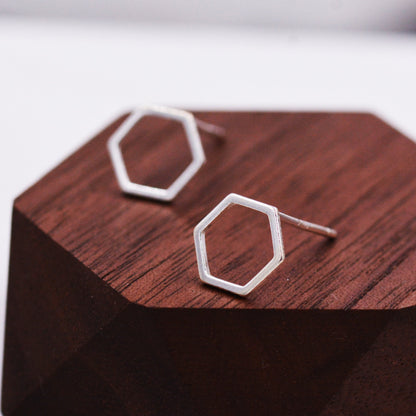 Open Hexagon Stud Earrings in Sterling Silver, Minimalist Geometric Design