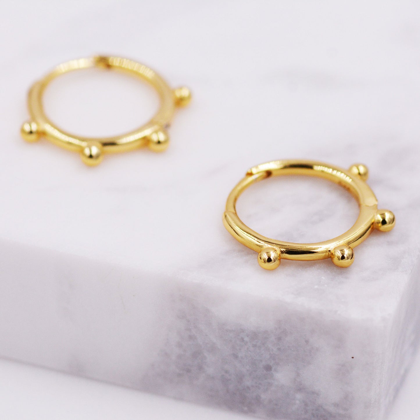 Sterling Silver Beaded Huggie Hoop Earrings, Gold or Silver, Minimalist Geometric Design