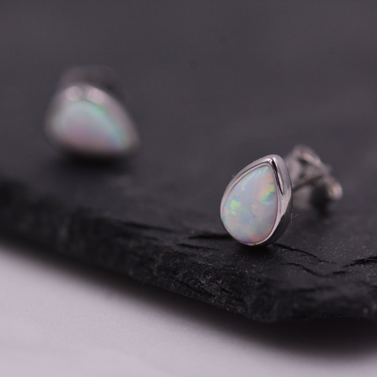 Opal Droplet Stud Earrings in Sterling Silver, Blue or White, Teardrop Opal, Pear Cut Opal Semi-precious Jewellery  R99