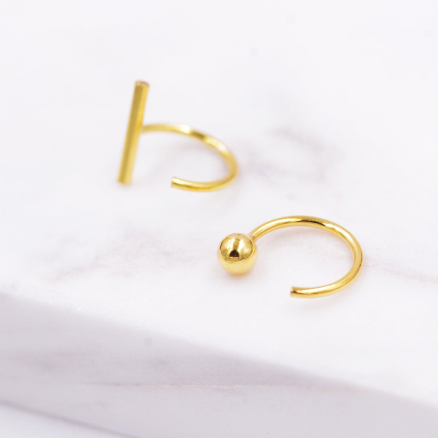Mismatched Ball and Bar Huggie Hoop Threader Earrings in Sterling Silver, Silver or Gold, Pull Through Open Hoop Earrings