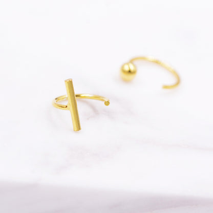 Mismatched Ball and Bar Huggie Hoop Threader Earrings in Sterling Silver, Silver or Gold, Pull Through Open Hoop Earrings