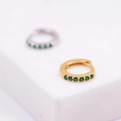 Emerald Green Crystal Huggie Hoop Earrings in Sterling Silver with Pave CZ Crystals, Gold or Silver, Tiny and Dainty, Simple Hoop Earrings