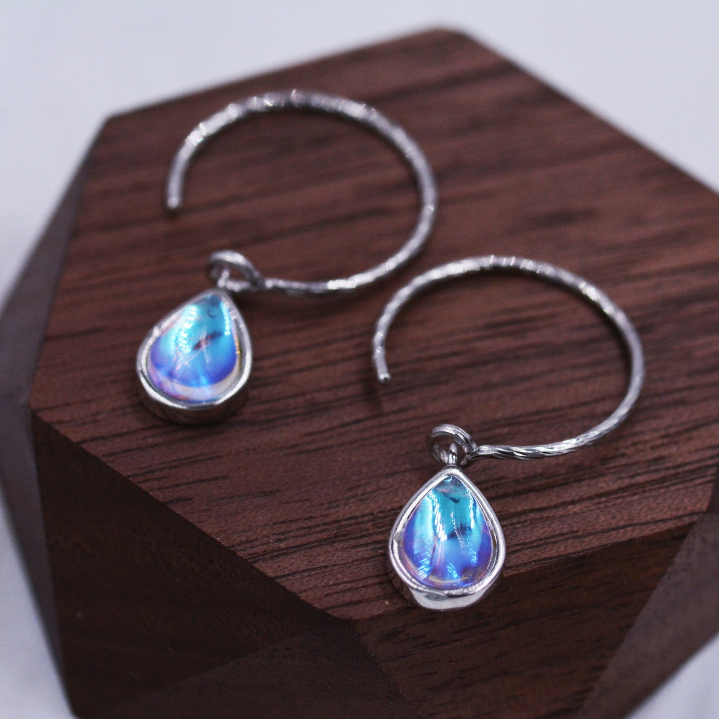 Mermaid Crystal Drop Hook Earrings in Sterling Silver, Droplet Pear Cut Aurora Glass Crystal, Simulated Moonstone Dangle Earrings