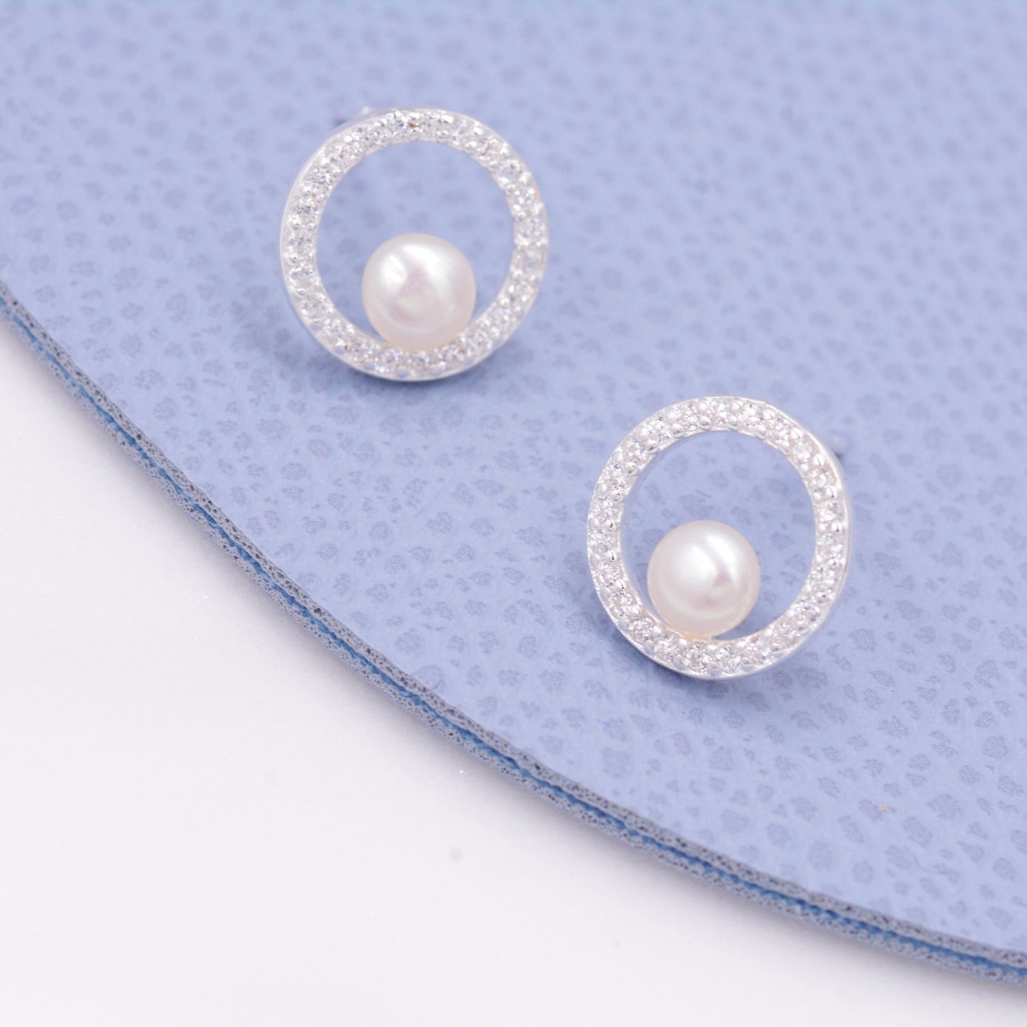 Pave Circle with Pearls Stud Earrings in Sterling Silver, CZ Pave, Genuine Freshwater Pearls