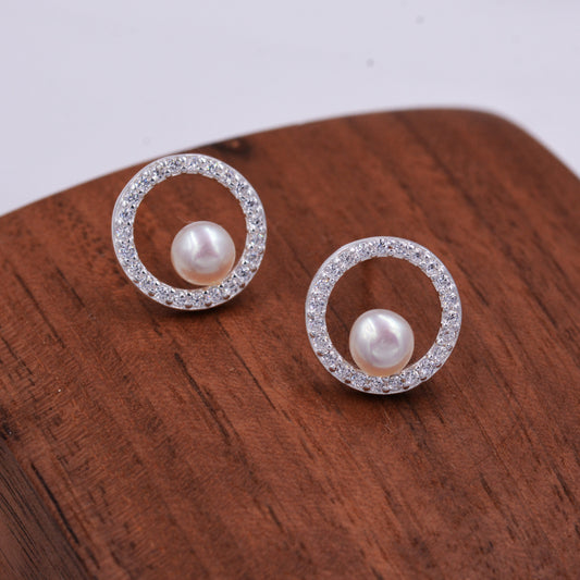 Pave Circle with Pearls Stud Earrings in Sterling Silver, CZ Pave, Genuine Freshwater Pearls