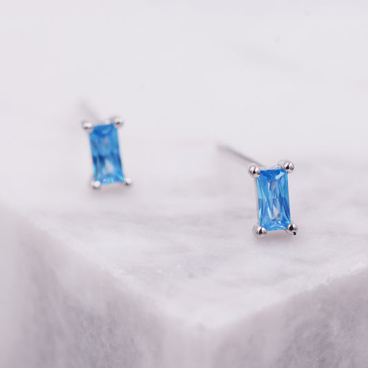 Topaz Blue Baguette Cut Crystal Stud Earrings in Sterling Silver, Silver or Gold, Aquamarine, Dainty and Tiny