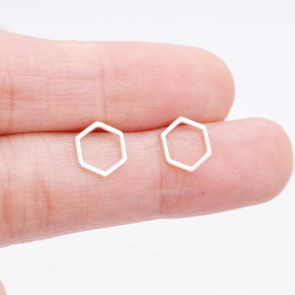 Open Hexagon Stud Earrings in Sterling Silver, Minimalist Geometric Design