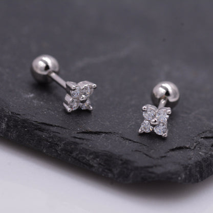 Tiny Hydrangea Flower Inspired Screw-back Earrings in Sterling Silver with Sparkly CZ Crystals, Simple and Minimalist