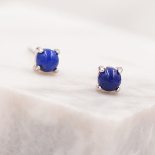 Sterling Silver Lapis Lazuli Stud Earrings, 4mm, Genuine Tiny Lapis Lazuli Gemstone Stud, 4 Prongs, Minimalist Style