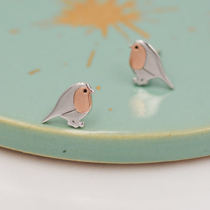Robin Stud Earrings in Sterling Silver, Silver Bird Earrings, Silver and Rose Gold, Nature Inspired