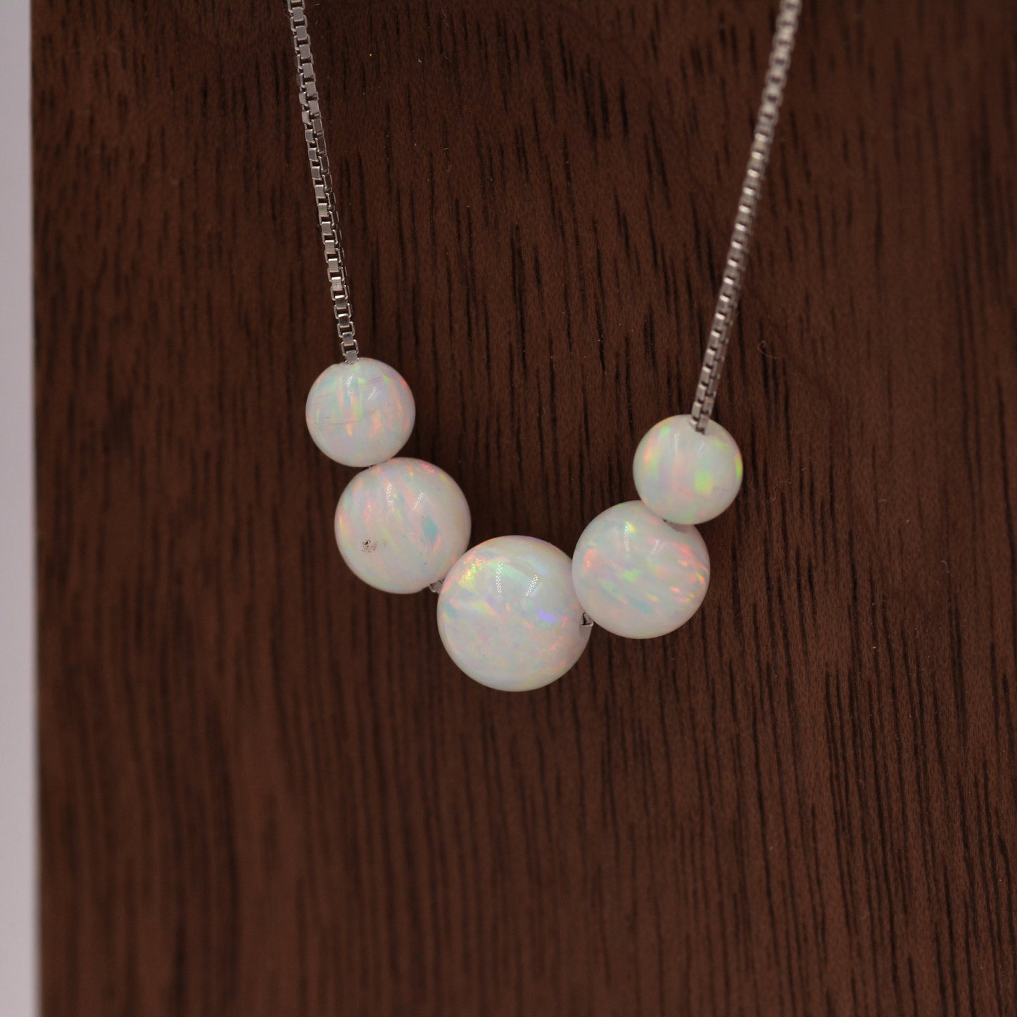 Sterling Silver Opal Bead Necklace, 5 stone Opal Beaded Necklace, Dot Necklace, Delicate Opal Ball Necklace - White