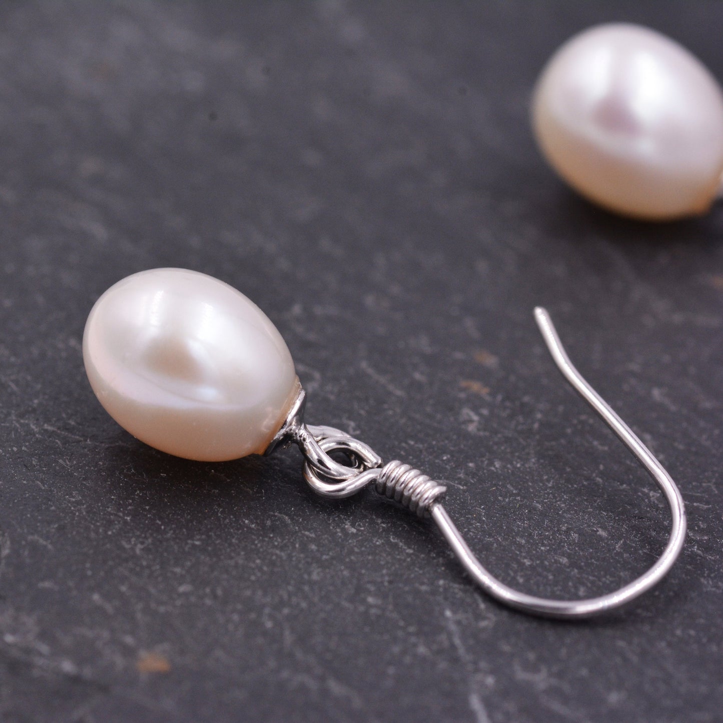 Freshwater Pearl Drop Hook Earrings in Sterling Silver, Genuine Oval Pearls, Real Pearl Drop Earrings