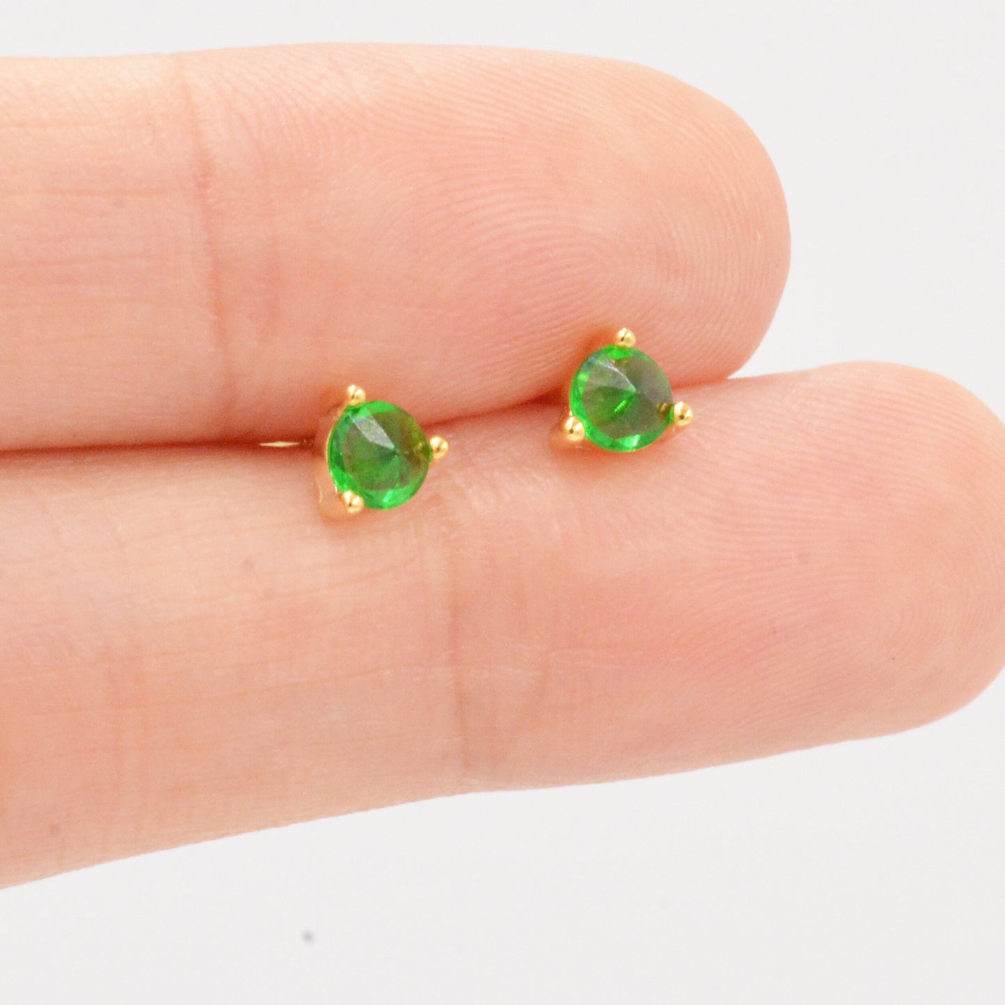 Inverted Emerald Green Crystal Stud Earrings in Sterling Silver, 3mm Three Prong, Gold or Silver, Tiny Stud