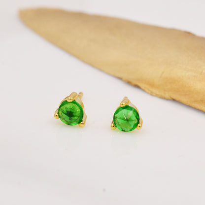 Inverted Emerald Green Crystal Stud Earrings in Sterling Silver, 3mm Three Prong, Gold or Silver, Tiny Stud