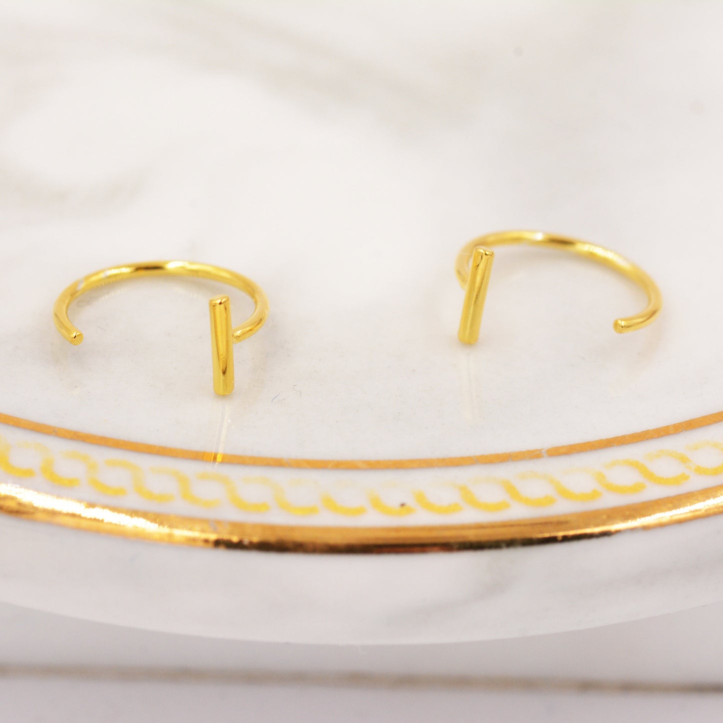 Minimalist Ball Huggie Hoop Threader Earrings in Sterling Silver, Silver or Gold, Bar Pull Through Open Hoop Earrings