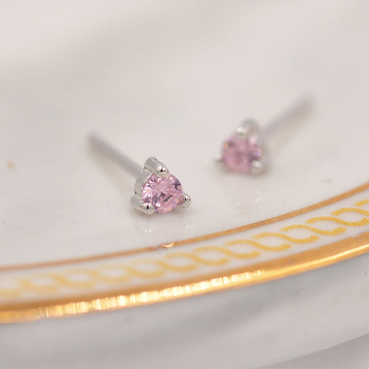 Pink Crystal Stud Earrings in Sterling Silver, 3mm Three Prong,  Tiny Crystal Stud