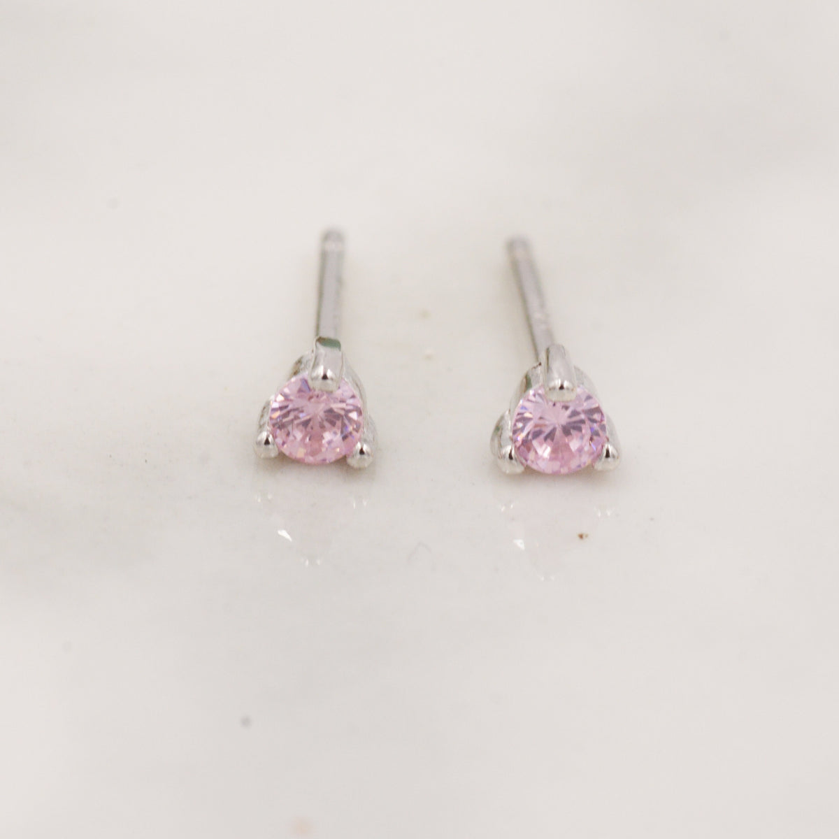 3mm Three Prong Pink Crystal Stud Earrings