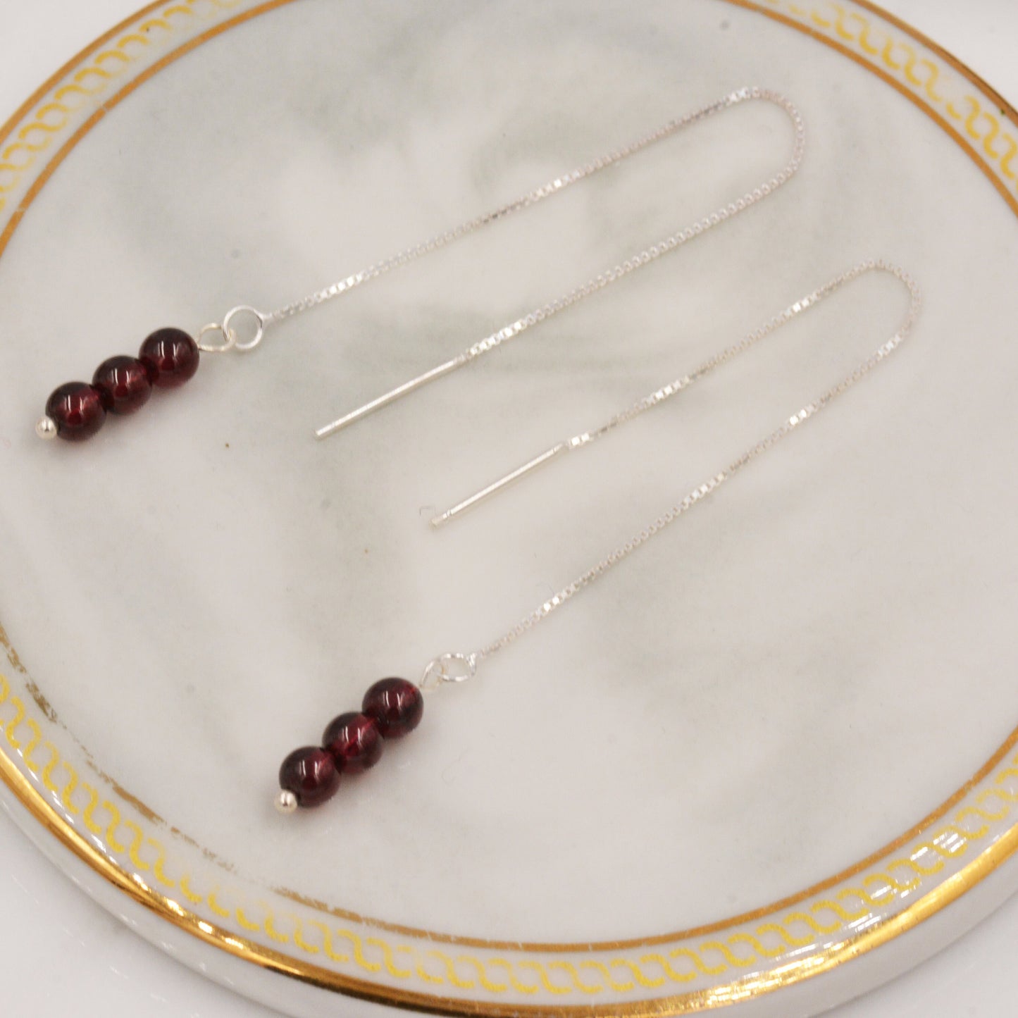 Genuine Garnet Gemstone Ear Threaders in Sterling Silver, Three Beads Threader Earrings, Ear Jacket. Dark Red Garnet Crystals