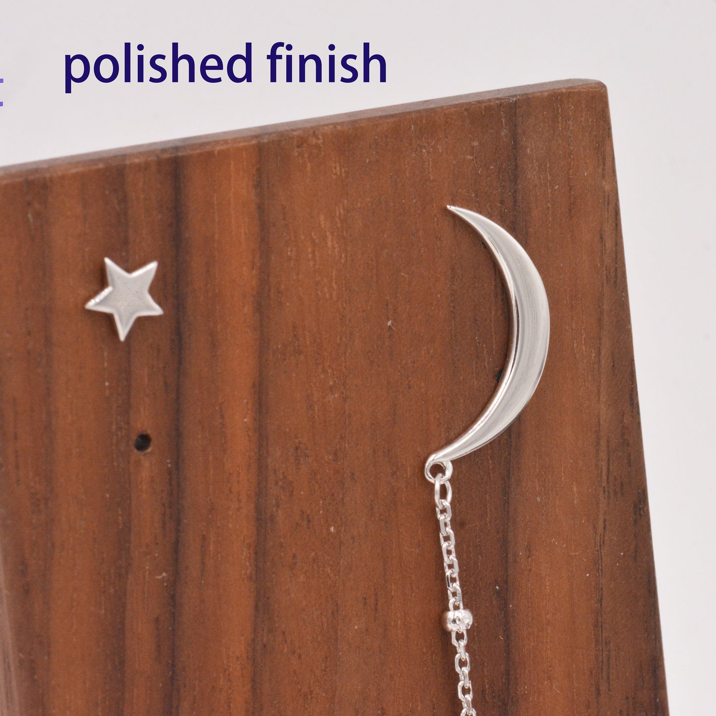 Sterling Silver Asymmetric Moon and Star Long Stud Earrings - - Silver or Gold - Drop Dangling Earrings  -  Cute Fun and Quirky