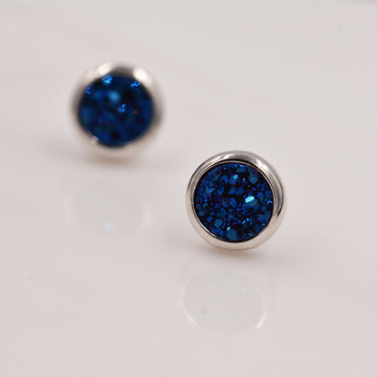 Sterling Silver Genuine Druzy Stone Crystal Stud Earrings. Round Minimalist Dot Geometric Design. Blue Druzy Quartz Crystal