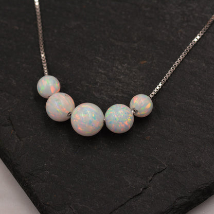 Sterling Silver Opal Bead Necklace, 5 stone Opal Beaded Necklace, Dot Necklace, Delicate Opal Ball Necklace - White