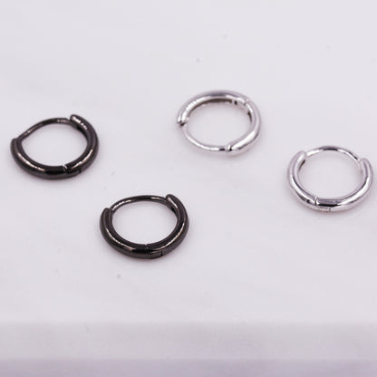 Plain Huggie Hoop in Sterling Silver, Polished Minimalist Hoop Earrings, Black Hoop Earrings,  Two Sizes Available, Simple Circle Hoops