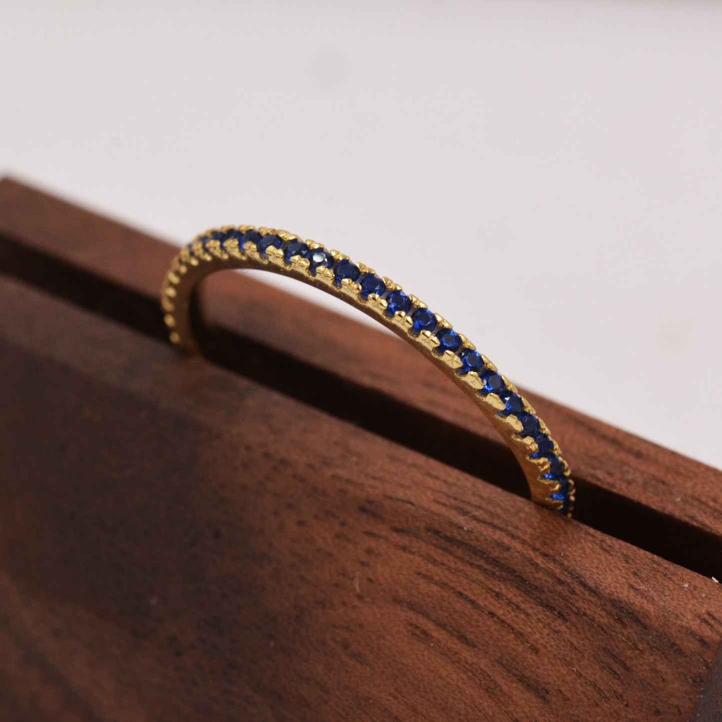 Sapphire Skinny Crystal Band Ring in Sterling Silver, Gold Vermeil Crystal Pave Ring, Stacking Rings, US 5 - 8